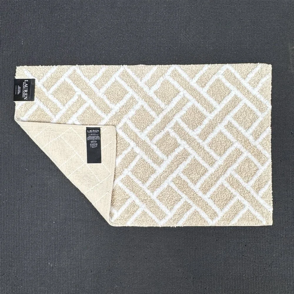Ralph Lauren 21 x 34 Bath Rug Mat Cotton Beige Tan Geometric Striped Diamonds